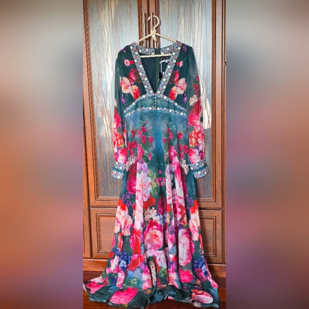 Stunning Green & Pink Dalia MacPhee Designer Floral Maxi Dress NWT